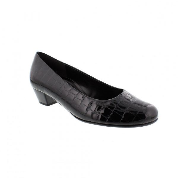 Gabor Ladies Wide Black Alligator Patent Leather Court Shoe